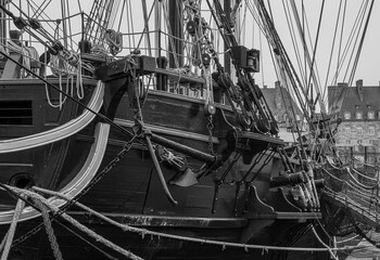 Black and white photo of the port side of a Corsair frigate, Brittany, FRANCE.