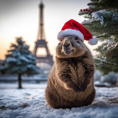 Capybaras celebrating Christmas, in various locations, dressed with Christimas costume.