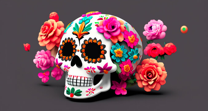 Day of the Dead skull with flowers and leaves. 3D illustrations.