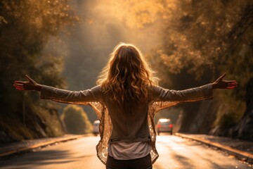 A woman stands with her arms outstretched in the middle of the road.