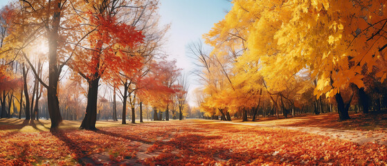 Colorful bright autumn ultra-wide panoramic background with blurry red yellow and orange autumn leaves in the park.