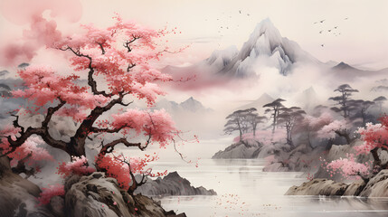 watercolor painting of a beautiful Japanese landscape