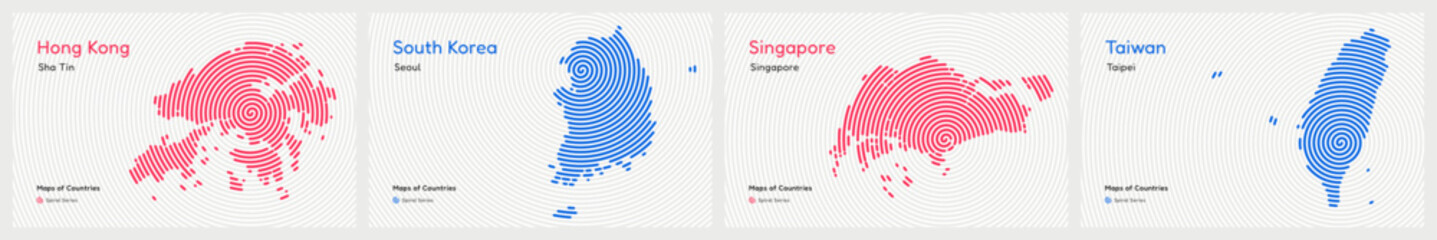 Creative set of Four Asian Tigers, South Korea, Hong Kong, Singapore, Taiwan. Capital. Tiger Cub Economies. World Countries vector maps. Spiral fingerprint series	