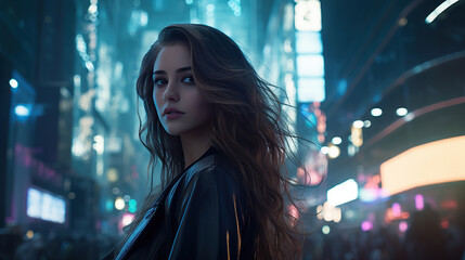 Fototapeta premium Girl With long flowing light brown hair, Background In a cyberpunk metropolis, where neon lights illuminate the darkened streets, she stands against a backdrop of towering skyscrapers.