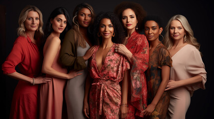 Fototapeta premium Group of diverse women from different countries, different ethnicities, and different skin colors in a Studio and posing for camera.