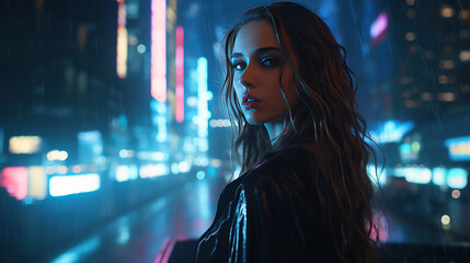 Girl With long flowing light brown hair, Background In a cyberpunk metropolis, where neon lights illuminate the darkened streets, she stands against a backdrop of towering skyscrapers.