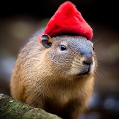 Capybaras celebrating Christmas, in various locations, dressed with Christimas costume.
