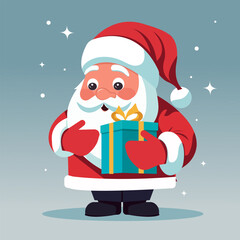Vector flat cartoon illustration, funny friendly Santa in traditional costume with a Christmas gift in his hands.
