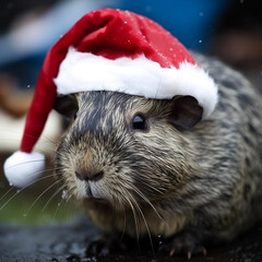 Capybaras celebrating Christmas, in various locations, dressed with Christimas costume.