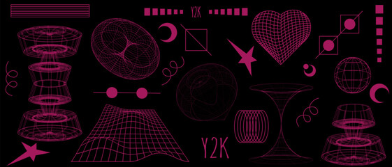 Big Set 3d abstract Geometric y2k elements, heart with wireframe shapes. Geometry Shapes retro design. Vector illustration for social networks, web pages, website, banners and posters.