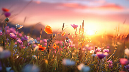 Illustration of a flower meadow in spring with sunset.