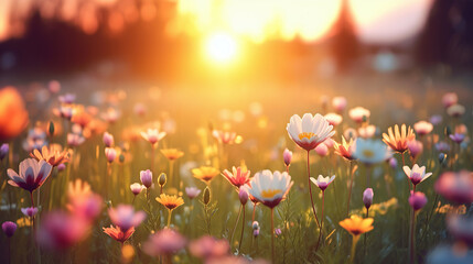 Illustration of a flower meadow in spring with sunset. - obrazy, fototapety, plakaty