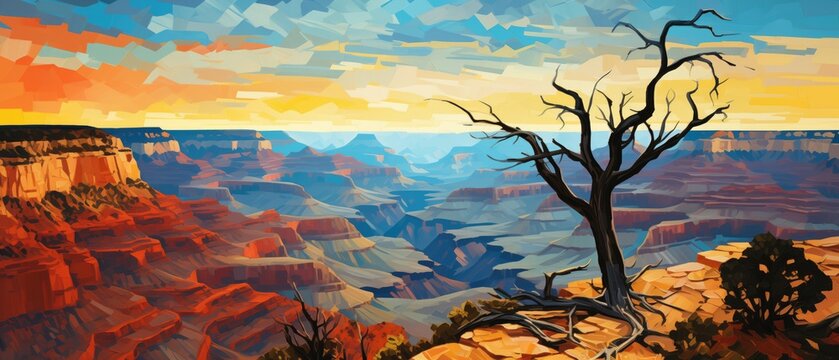 Magnificent golden hour sunset view high above grand canyon like valley with weathered and eroded rock formations and tall sandstone cliffs, solitary tree and sparse desert vegetation, stunning vista.