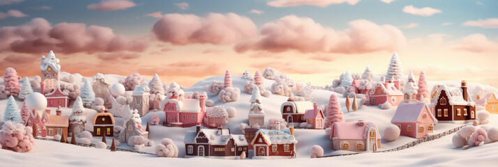 Artistic Yuletide gingerbread estates amidst pastel landscapes background with empty space for text 