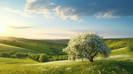 Fototapeta premium Moravian green rolling landscape with blooming apple-tree. Landscape with white spring flowering trees on green hill, which is highlighted by the setting sun. Natural seasonal landscape.