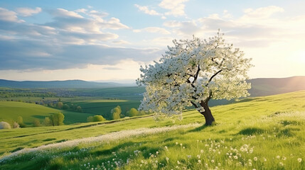 Moravian green rolling landscape with blooming apple-tree. Landscape with white spring flowering trees on green hill, which is highlighted by the setting sun. Natural seasonal landscape. - obrazy, fototapety, plakaty