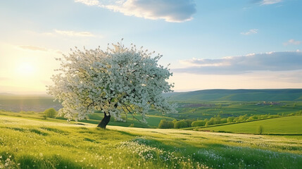 Moravian green rolling landscape with blooming apple-tree. Landscape with white spring flowering trees on green hill, which is highlighted by the setting sun. Natural seasonal landscape.