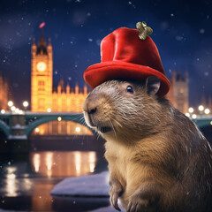 Capybaras celebrating Christmas, in various locations, dressed with Christimas costume.