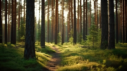Obraz premium Nordic pine forest in the evening light. Short depth-of-field.