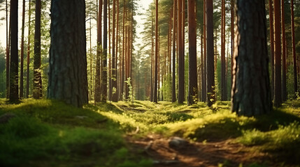 Nordic pine forest in the evening light. Short depth-of-field.
