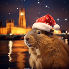 Capybaras celebrating Christmas, in various locations, dressed with Christimas costume.