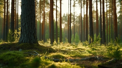 Fototapeta premium Nordic pine forest in the evening light. Short depth-of-field.