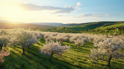 Obraz premium Panoramic view of the field waves with blossoming trees.