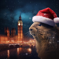 Capybaras celebrating Christmas, in various locations, dressed with Christimas costume.