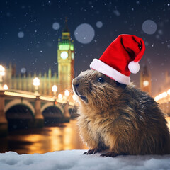 Capybaras celebrating Christmas, in various locations, dressed with Christimas costume.