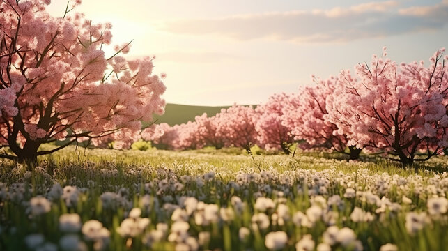 Panoramic view of the field waves with blossoming trees.