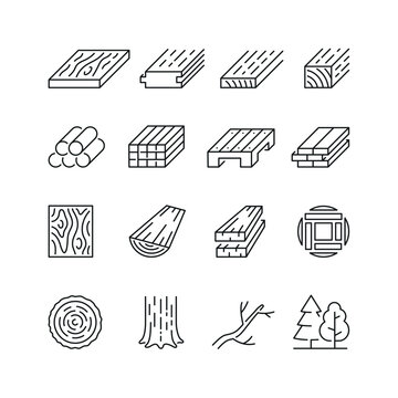 Vector line set of icons related with lumber. Contains monochrome icons like sawmill, timber, wood, forestry, board, branch and more. Simple outline sign.