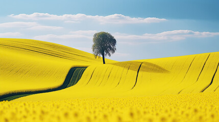 Spring Wavy Yellow Rapeseed Field With White Tree And Wavy Abstract Landscape Pattern, Cordur.