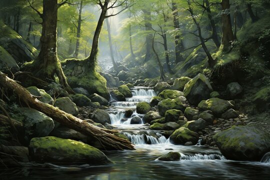 A depiction of cascading water in a beautiful woodland. Generative AI