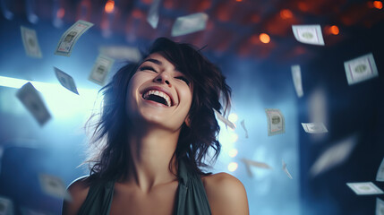Woman winning a lottery, happy expression, blurred money flying in the air.