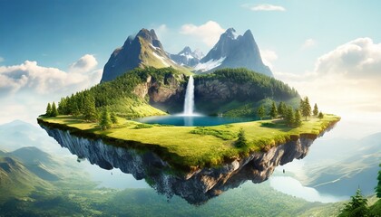 Flying land with beautiful landscape, green grass and waterfalls mountains, isolated on white background