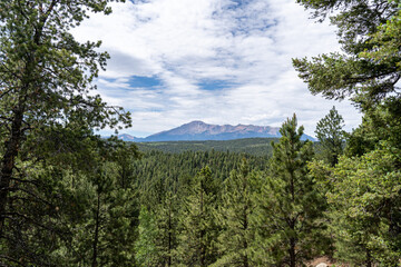 Pike's Peak as viewed from Lovell Gulch Trail in Pike National Forest near Woodland Park and...