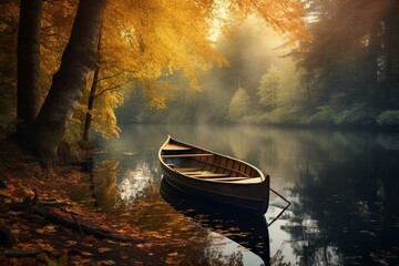 A boat on a lake surrounded by a woodland. Generative AI