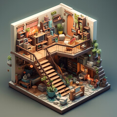 interior of a house, cutaway isometric low poly art, 3d with blender