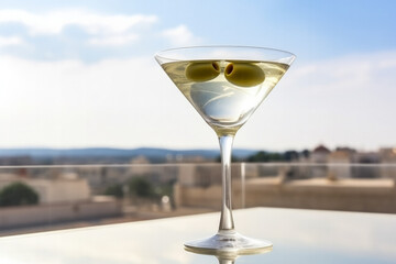 Classic martini cocktail with olive garnish in rooftop bar isolated on a white background 