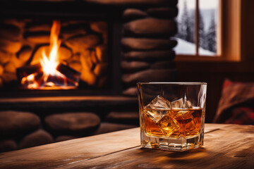 Cold whiskey sampling in cozy winter cabin background with empty space for text 