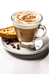 Espresso art creation with latte and biscotti isolated on a white background 