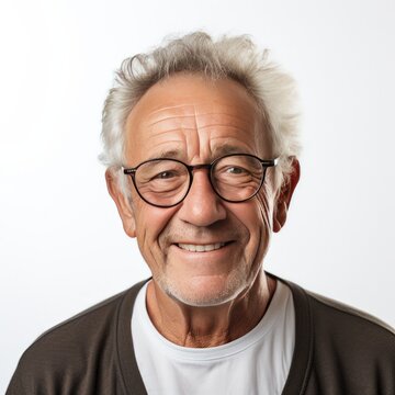 Portrait on white background of white elderly baby boomer beautiful old older man with smile, white grey hair in black white top facial with glasses
