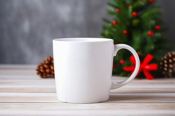 Obraz na płótnie Canvas White blank mug for mockup, Christmas decorations in background 