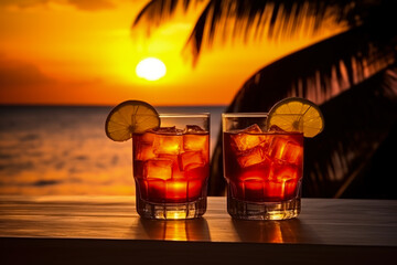 Rum cocktails against Caribbean sunset background with empty space for text 