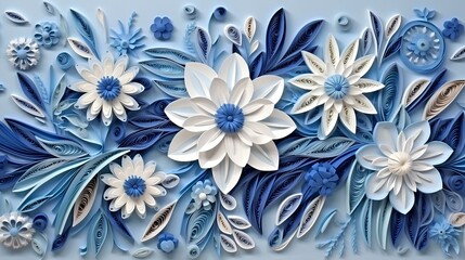 Decorative winter background with flowers, leaves and snow blue textures.