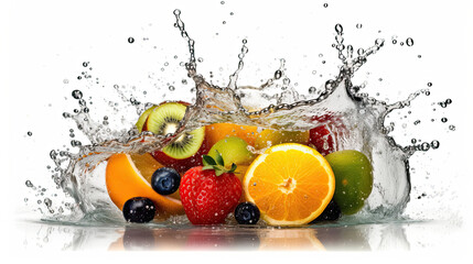 A splash of fruit is being poured into a water splash.