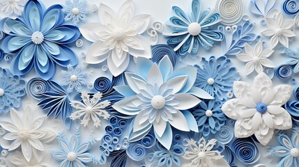 Decorative winter background with flowers, leaves and snow blue textures.