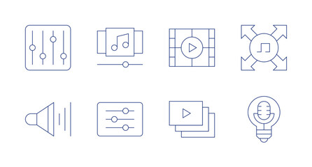 Multimedia icons. Editable stroke. Containing playlist, settings, volume, play, video, distribution, idea.