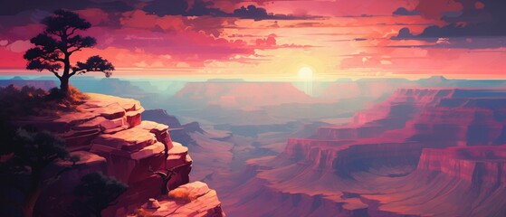 Magnificent golden hour sunset view high above grand canyon like valley with weathered and eroded rock formations and tall sandstone cliffs, solitary tree and sparse desert vegetation, stunning vista. - obrazy, fototapety, plakaty