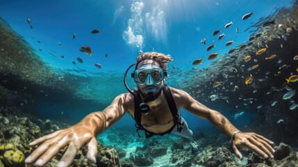 Male swimmer Snorkeling in the ocean sea with swim gear and looking at the sea world of reef fishes...